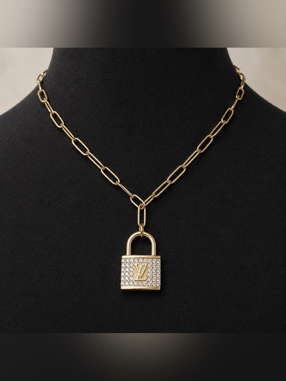 LV Lock Necklace with Clear Crystals in Gold